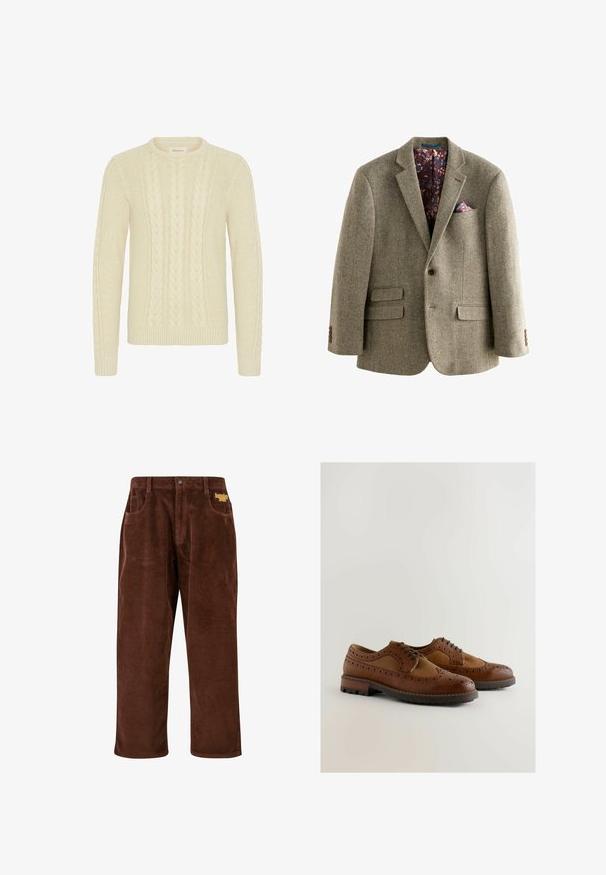 Blazer de tweed con patrón de pata de gallo en marrón claro, con un interior forrado de flores oscuras, solapas de muesca y dos bolsillos frontales con acentos de botón.; Blend BHBASIM - Jersey de punto - oyster gray; Pantalones de pana marrones con textura acanalada, piernas rectas, bolsillos frontales y un logo amarillo bordado cerca de la cinturilla.; Zapatos de cuero marrón con detalles de brogue, una textura suave, un diseño de cordones y una suela de goma gruesa para un mejor agarre.