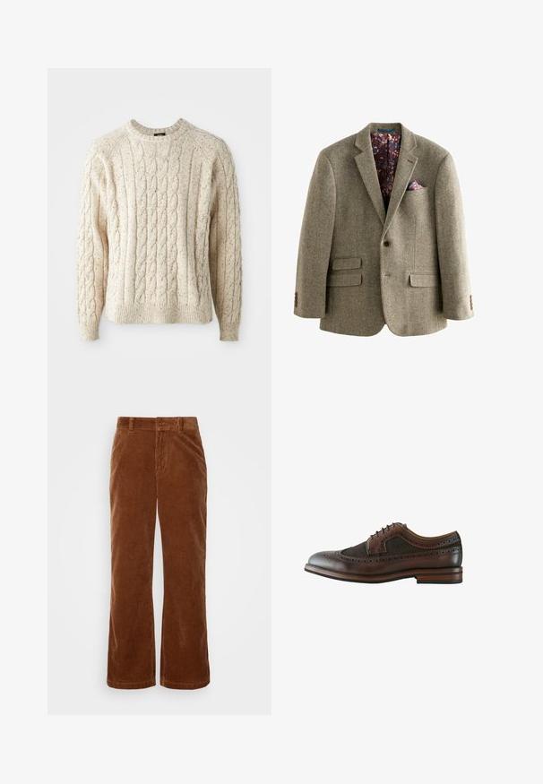 Blazer z houndstooth vzorom z tweedu v svetlo hnedej farbe, s tmavou kvetinovou podšívkou, klopovými reverzami a dvoma prednými vreckami s gombíkovými detailmi.; Krémový sveter s kabelovým úpletom, okrúhlym výstrihom, textúrovaným vzorom a rebrovanými manžetami a lemom. Vyrobený z mäkkej, hrubej priadze.; Hnedé kordové nohavice so širokým strihom, s vertikálnou rebrovou textúrou, s gombíkovým zapínaním a štandardnými pútkami na opasok.; Tmavohnedá kožená brogue topánka typu wingtip s dekoratívnymi perforáciami, zaväzovaním na šnúrky a drevenou podrážkou s viacvrstvovým podpätkom.