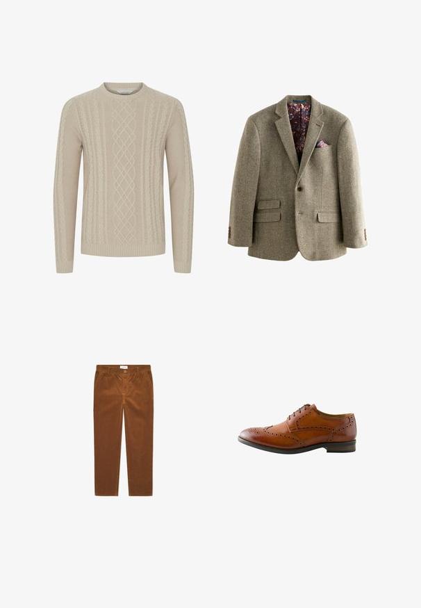 Lys brun tweed blazer med houndstooth-mønster, der har en mørk blomsterforing, notklapper og to frontlommer med knapdetaljer.; Beige strikket sweater med et tekstureret kabelmønster og ribbede manchetter og kant. Klassisk rund halsudskæring med lange ærmer.; Brune fløjl bukser med lige pasform, der har frontlommer, knaplukning og lodrette ribbede strukturer.; Brun læder herres brogue fest sko med vingetip perforering og sorte snørebånd, vist fra ydersiden.