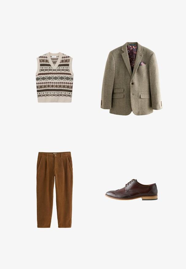 Houndstooth-patroon tweed blazer in lichtbruin, met een interieur gevoerd met donkere bloemen, notch-lapels en twee voorzakken met knoopaccenten.; Les Deux HORDUR FAIR ISLE - Trui - sand; Bruine corduroy broek met een rechte snit, voorzien van voorplooien, schuine zakken en een enkele knoopsluiting in de taille.; Donkerbruine leren brogues met wingtip-details, gesloten vetersluiting en een lichte houten zool, bekeken vanaf de buitenkant.