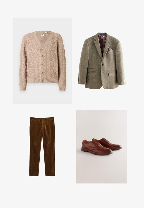 Blazer z houndstooth vzorom z tweedu v svetlo hnedej farbe, s tmavou kvetinovou podšívkou, klopovými reverzami a dvoma prednými vreckami s gombíkovými detailmi.; Béžový kabelkový sveter na zapínanie s výstrihom do V, so šiestimi gombíkmi vpredu a rebrovanými manžetami a lemom.; Hnedé korduroy nohavice so strihom s rovnými nohavicami, so zapínaním na prednom gombíku a dvoma bočnými vreckami. Textúrovaná tkanina s rebrovaným vzorom.; Hnedé oxfordské kožené topánky s krídlovým dizajnom, perforovanými detailmi a hladkým špičkovým krytom. Majú pevný nízky podpätok a šnurovací uzáver.