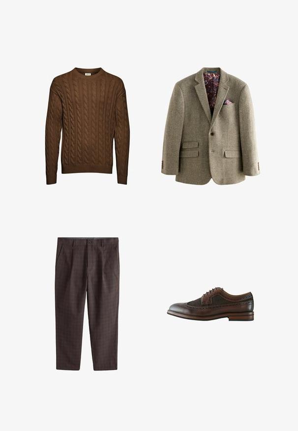 Blazer z houndstooth vzorom z tweedu v svetlo hnedej farbe, s tmavou kvetinovou podšívkou, klopovými reverzami a dvoma prednými vreckami s gombíkovými detailmi.; Hnedý pletený sveter so vzorom, s dlhými rukávmi, rebrovanými manžetami a spodným lemom a okrúhlym výstrihom, zobrazený na bielom pozadí.; Hnedé pánske spoločenské nohavice s jemným kockovým vzorom, zapínaním na gombíky, bočnými vreckami a pútkami na opasok, položené na bielom pozadí.; Tmavohnedá kožená brogue topánka typu wingtip s dekoratívnymi perforáciami, zaväzovaním na šnúrky a drevenou podrážkou s viacvrstvovým podpätkom.