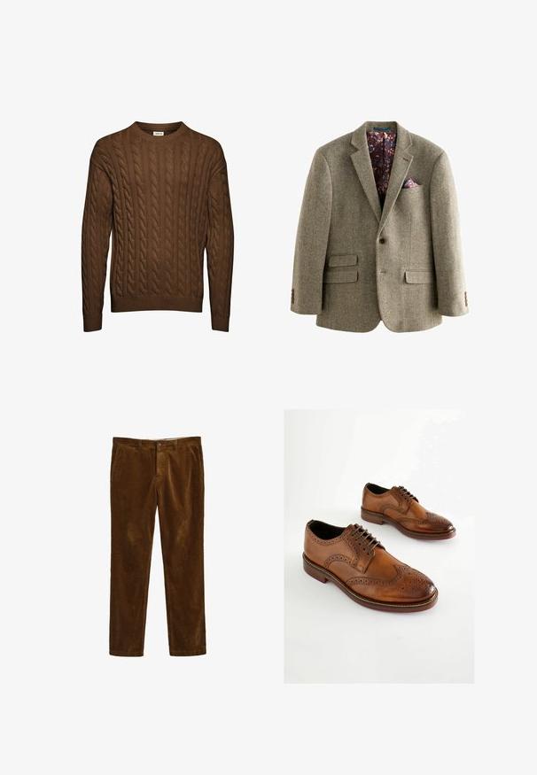 Blazer z houndstooth vzorom z tweedu v svetlo hnedej farbe, s tmavou kvetinovou podšívkou, klopovými reverzami a dvoma prednými vreckami s gombíkovými detailmi.; Hnedý pletený sveter so vzorom, s dlhými rukávmi, rebrovanými manžetami a spodným lemom a okrúhlym výstrihom, zobrazený na bielom pozadí.; Hnedé korduroy nohavice so strihom s rovnými nohavicami, so zapínaním na prednom gombíku a dvoma bočnými vreckami. Textúrovaná tkanina s rebrovaným vzorom.; Hnedé kožené oxfordské topánky s perforovanými detailmi, šnurovací uzatváranie a zaoblenou špičkou. Hladký povrch a kontrastná podrážka.