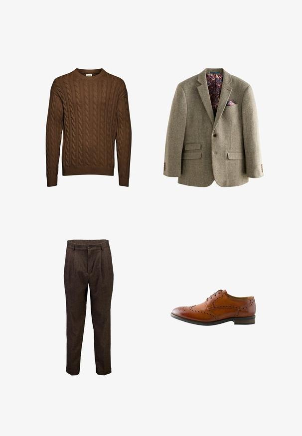 Blazer en tweed à motif pied-de-poule de couleur brun clair, avec un intérieur à motif floral sombre, des revers en pointe et deux poches avant avec des accents de boutons.; Pull marron en maille torsadée avec manches longues, poignets et ourlet côtelés, et col rond, présenté sur fond blanc uni.; Pantalon en laine marron pour homme avec plis à l'avant, fermeture par boutons et passants de ceinture, présenté sur fond blanc.; Chaussure habillée brogue pour homme en cuir marron avec perforations en pointe d'aile et lacets noirs, vue de l'extérieur.
