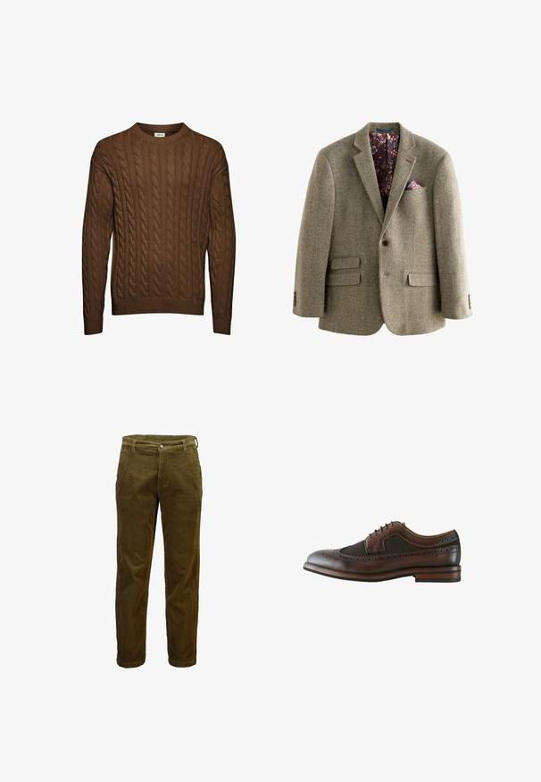 Lys brun tweed blazer med houndstooth-mønster, der har en mørk blomsterforing, notklapper og to frontlommer med knapdetaljer.; Brun kabelstrikket sweater med lange ærmer, ribbet manchetter og kant, samt rund halsudskæring, vist mod hvid baggrund.; Brune cordfløjlsbukser med frontknap og lynlås, bæltestropper og lige ben.; Mørkebrun læder wingtip brogue sko med dekorative perforeringer, snørelukning og træsål med lagdelt hæl.