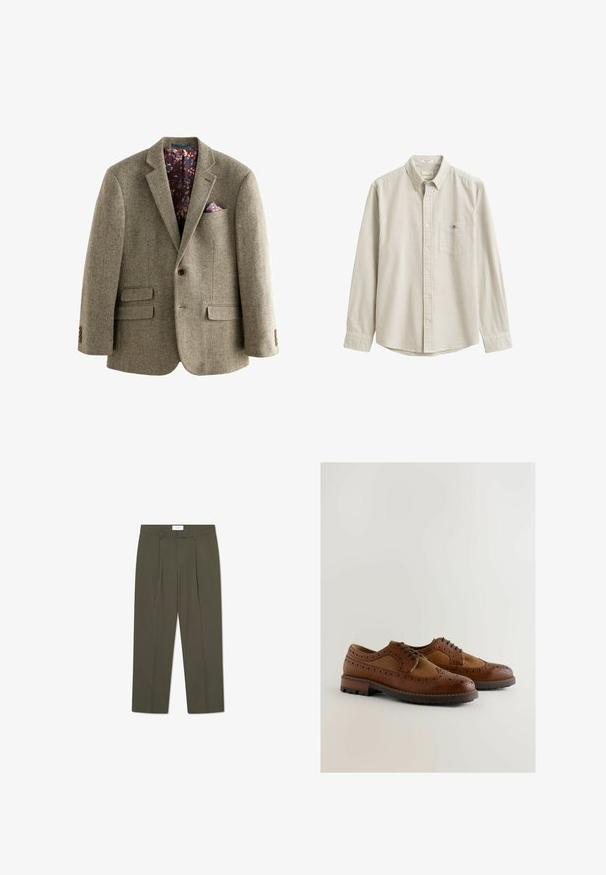Blazer z houndstooth vzorom z tweedu v svetlo hnedej farbe, s tmavou kvetinovou podšívkou, klopovými reverzami a dvoma prednými vreckami s gombíkovými detailmi.; Béžová a biela košeľa s vertikálnymi pruhmi, s dlhým rukávom, golierom a vreckom na hrudi, vystavená naplocho bez osoby.; Olivové zelené nohavice s vertikálnymi pruhmi, s upraveným pásom, skladmi a strihom rovného nohu. Hladký povrch.; Hnedé kožené topánky s brogue detailami, hladkým povrchom, šnurovacími šnúrkami a robustnou gumovou podrážkou pre lepšiu trakciu.