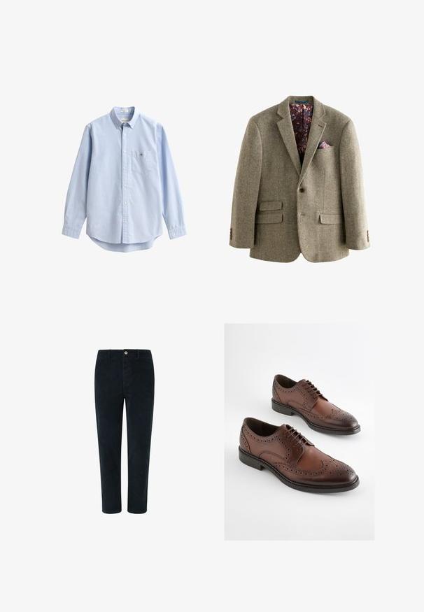Blazer z houndstooth vzorom z tweedu v svetlo hnedej farbe, s tmavou kvetinovou podšívkou, klopovými reverzami a dvoma prednými vreckami s gombíkovými detailmi.; Svetlomodrá košeľa na zapínanie vyrobená z bavlny. Má náprsné vrecko, dlhé rukávy a klasický golier. Hladká textúra s zaobleným spodným okrajom.; Tmavomodré kordové nohavice so strihom rovného strihu, ktoré majú predné zapínanie na gombík a bočné vrecká, hladkú textúru a minimálne švy.; Hnedé kožené brogue spoločenské topánky s perforovanými detailmi a čiernymi podrážkami, zobrazené vedľa seba na bielom pozadí.