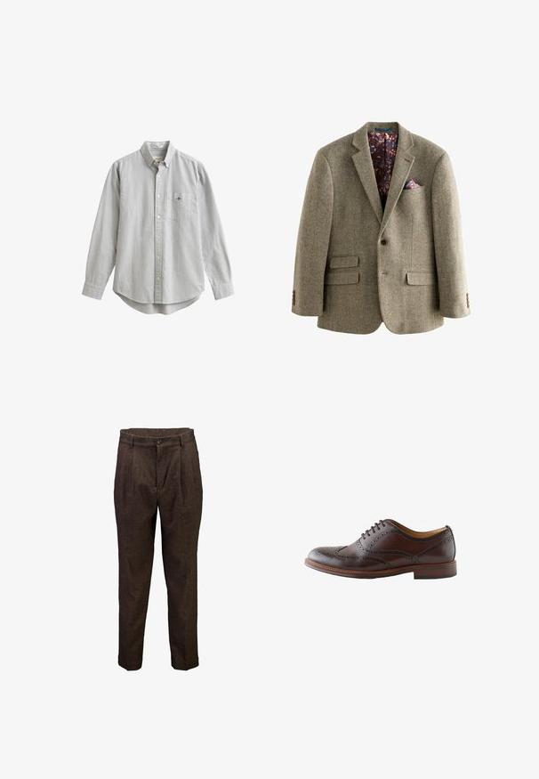 Hahnentritt-Muster Tweed-Blazer in Hellbraun mit einem dunkelblumigen Innenfutter, Reverskragen und zwei vorderen Taschen mit Knopf-Details.; Gestreiftes Hemd mit langen Ärmeln, aus Baumwolle. Verfügt über eine Tasche auf der linken Brustseite und einen abgerundeten Saum. Farben: weiß und dunkelblaue Streifen.; Braune Herrenwollhose mit vorderen Falten, Knopfverschluss und Gürtelschlaufen, gezeigt vor weißem Hintergrund.; Dunkelbrauner Leder-Wingtip-Brogue-Schuh mit Lochverzierungen und Schnürsenkeln, von der Außenseite auf weißem Hintergrund gezeigt.