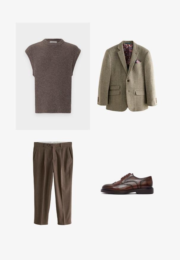 Lys brun tweed blazer med houndstooth-mønster, der har en mørk blomsterforing, notklapper og to frontlommer med knapdetaljer.; Brun strikket ærmeløs top med ribbet tekstur, høj krave og sideslidser. Har en tætsiddende kant og blødt stof.; Brune teksturerede skræddersyede bukser med knaplukning, forreste plisseringer og sidelommer, lagt fladt på en hvid baggrund.; Brune læder brogue sko med perforerede detaljer og sorte snørebånd, vist i sideprofil på hvid baggrund.
