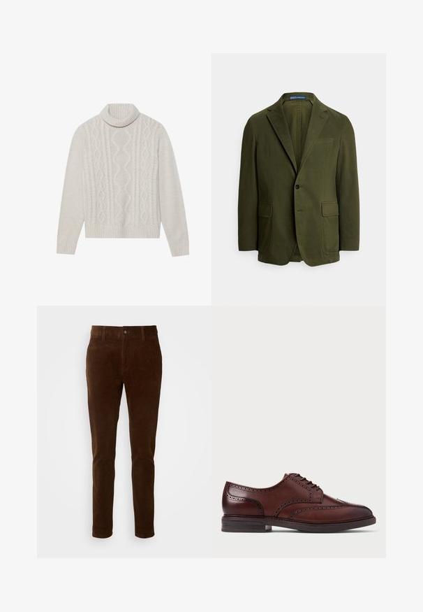 Olivengrøn blazer i bomuldsstof med enkel knaplukning, hakket revers, to lommer foran og en brystlomme. Enkel, struktureret design.; Cremefarvet kabelstrikket sweater med høj ribkant, prydet med et struktureret mønster samt ribbede manchetter og kant. Blødt uldblend materiale.; Brune cordfløjlsbukser med lige ben, der har en knaplukning og subtil lodret ribbe-textur.; Brun læder brogue sko med vinge design, perforeret detailing og mørk sål, vist i sideprofil på hvid baggrund.