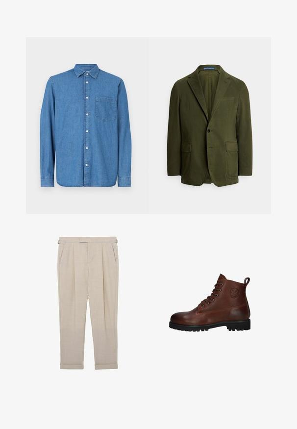 Olivengrøn blazer i bomuldsstof med enkel knaplukning, hakket revers, to lommer foran og en brystlomme. Enkel, struktureret design.; Denimskjorte, lys blåt, lange ærmer, knaplukning foran, krave, enkelt brystlomme, lige kant, subtil tekstur, afslappet design.; Beige skræddersyede bukser med justerbare stropper i siderne, plisseringer, sidelommer og opsmøgede kanter, vist fladt på en hvid baggrund.; Brune læder ankelstøvle med en struktureret overflade, seks snørrehuller, en sort gummisål og en løkke for nem påtagning.