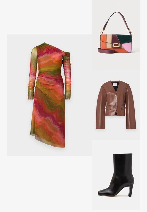 Brauner Kunstleder-Blazer mit V-Ausschnitt, langen Ärmeln, knopflos geschlossener Vorderseite und zwei vorderen Taschen. Glatte Textur mit leichtem Glanz.; AMUR DRENA DRESS - Etuikleid - lucid glaze; Schwarze Lederknöchelstiefel mit spitzem Zeh, schmalem Blockabsatz und glatter Textur, die eine elegante Silhouette und ein minimales Design aufweisen.; Colorblock-Ledertasche in Orange, Beige, Burgund, Grün und Rosa mit goldenem Verschluss und zwei burgunderfarbenen Tragegurten, einem kurzen und einem langen.