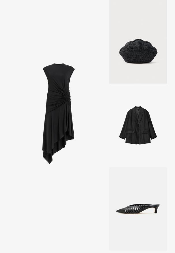 Blazer negro a medida con solapas con muesca, dos botones, bolsillos con solapa y mangas largas, mostrado plano sobre un fondo blanco.; Vestido negro sin mangas con detalles recogidos en el costado, con un dobladillo asimétrico que cae elegantemente. Textura de tela suave.; Zapato mule de cuero negro con punta afilada, diseño de tiras con recortes y tacón bajo tipo kitten sobre fondo blanco.; Bolso de mimbre negro con forma de concha de vieira con parte superior curva y textura tejida sobre un fondo liso.