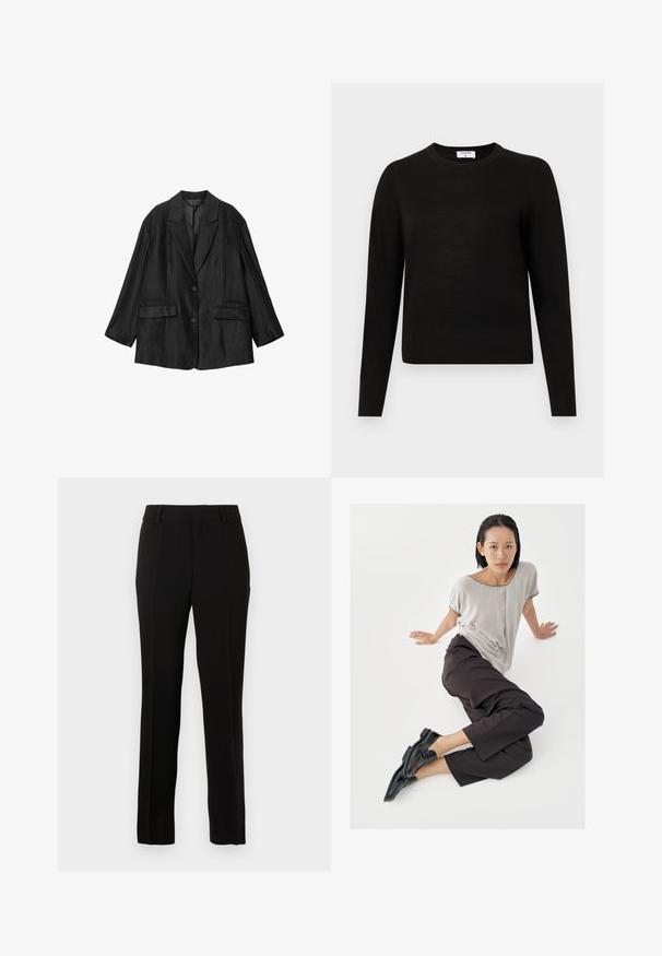 Zwarte op maat gemaakte blazer met inkeping revers, twee knopen, klepzakken en lange mouwen, plat getoond tegen een witte achtergrond.; Zwarte lange mouwen trui met een ronde halslijn, gemaakt van zachte gebreide stof, met een geribde zoom en manchetten voor een aansluitende look.; Zwarte op maat gemaakte pantalon van een gladde stof, met een rechte snit, plooien, riemlussen en een rits om te sluiten.; Lichtgrijze top met korte mouwen, donkere wijde broekspijpen en zwarte loafers. Soepele stof, ontspannen pasvorm en contrasterende bies op het shirt.