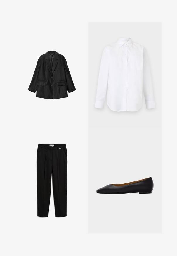 Schwarzer maßgeschneiderter Blazer mit Spitzklappen, zwei Knöpfen, Pattentaschen und langen Ärmeln, flach auf weißem Hintergrund gezeigt.; Weißes langärmliges Hemd mit Knöpfen, spitzem Kragen und einer einzelnen Brusttasche, vor einfarbigem Hintergrund gezeigt.; Schwarze Hose aus glattem Stoff, mit geradem Beinanschnitt, seitlichen Taschen und einem dezente Markenakzent am Bund.; Schwarzer flacher Schuh aus Leder mit spitz zulaufender Vorderkappe, niedrigem Absatz und glatter Oberfläche, von der Seite vor einem hellgrauen Hintergrund dargestellt.