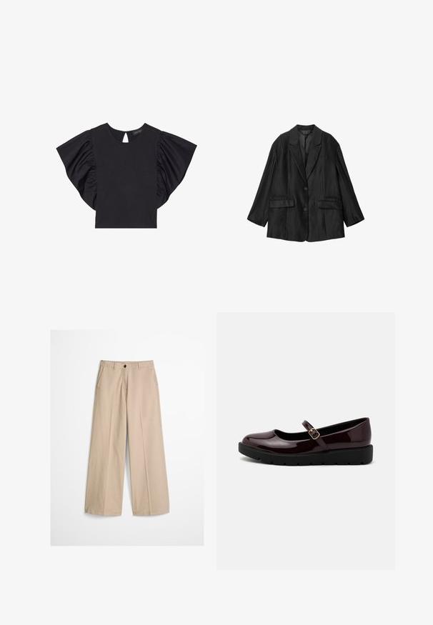 Blazer negro a medida con solapas con muesca, dos botones, bolsillos con solapa y mangas largas, mostrado plano sobre un fondo blanco.; Top corto negro de manga corta con mangas rizadas dramáticas, escote redondo y detalle de abertura en la parte posterior. Material suave.; Pantalones beige de pierna ancha con pliegue frontal, trabillas para cinturón, cierre con botón y una pequeña etiqueta de tela en el lado derecho de la cintura.; Zapatos Mary Jane en burdeos brillante con punta redondeada, correa ajustable con hebilla y suela de plataforma texturizada negra.