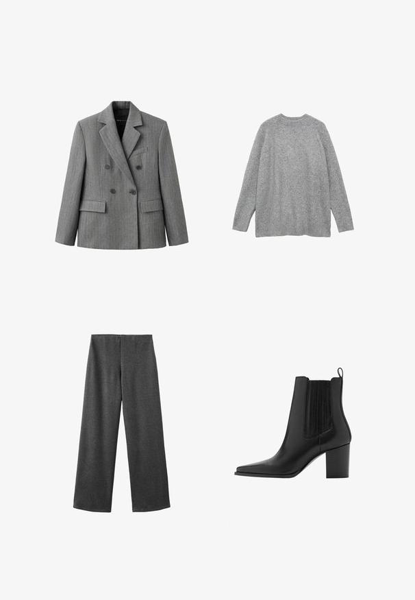 Grå dobbeltradet blazer med et subtilt ternet mønster, hakkraver, to forlommer med klap og en brystlomme med kant.; Grå sweater lavet af blødt materiale, med en klassisk rund halsudskæring, lange ærmer og ribbede manchetter og kant. Glat tekstur.; Bredde bukser lavet af mørkegrå stof med en glat tekstur. Har en mellemhøj talje og ingen synlige lukninger eller udsmykninger.; Sort læderstøvle til anklen med spids snude, blokhælk, trækflig og elastiske sidepaneler for nem påtagning.