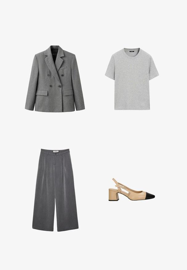Grijze dubbelgeknoopte blazer met een subtiel ruitpatroon, notch-revers, twee voorzakken met klep en een borstzak.; Lichtgrijs katoenen T-shirt met korte mouwen, ronde hals en normale pasvorm, plat gelegen tegen een witte achtergrond.; Grijze wijde broekspijpen met plooien, gemaakt van zachte stof. Voorzien van een knoopsluiting en een getailleerde tailleband.; Beige slingback hak met een zwarte lakleder teenkap, vierkante blokhak en een verstelbare band met gesp. Gladde textuur overal.