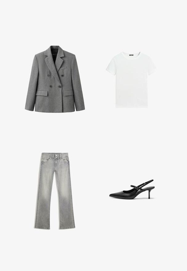 Grå dobbeltradet blazer med et subtilt ternet mønster, hakkraver, to forlommer med klap og en brystlomme med kant.; Almindelig hvid T-shirt med korte ærmer, rund halsudskæring og lille sort label inden i kraven.; Grå denim flared jeans med en afdæmpet finish, der har en knaplukning, fem lommer og syet detaljering langs taljebåndet og kanten.; Sorte læder slingback hæle med spids tå, slank justerbar rem og en stiletto hæl på cirka 5 cm, glat tekstur.