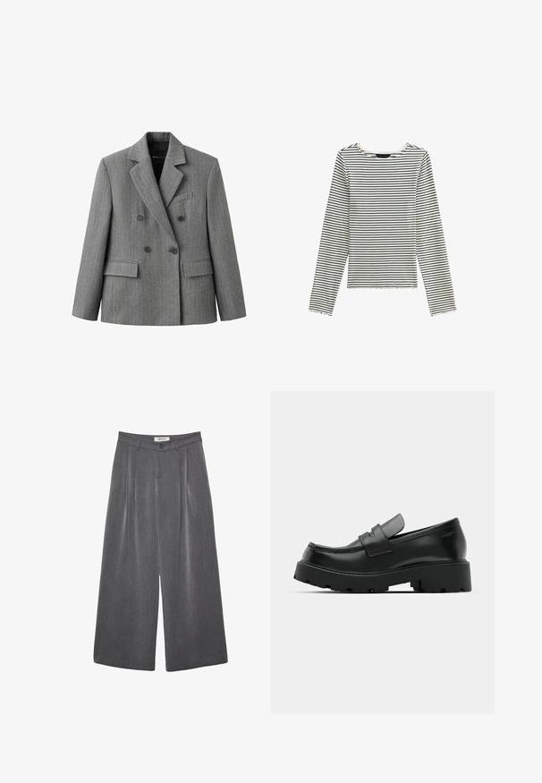 Blazer gris croisé avec un motif discret à carreaux, revers crantés, deux poches avant à rabat et une poche poitrine passepoilée.; T-shirt à manches longues en coton blanc avec de fines rayures noires. Présente un col rond et un ourlet court avec un bord festonné.; Pantalon gris à jambes larges avec plis, confectionné dans un tissu doux. Dispose d'une fermeture à boutons et d'une taille cintrée.; Mocassins en cuir noir avec une semelle épaisse et texturée, dotés d'une sangle sur le vamp et d'une finition lisse et polie.