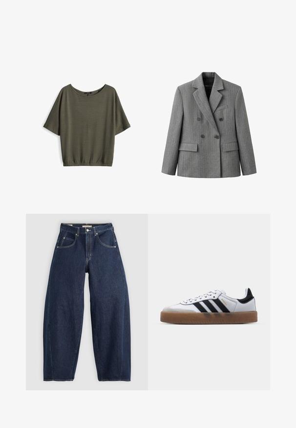 Grijze dubbelgeknoopte blazer met een subtiel ruitpatroon, notch-revers, twee voorzakken met klep en een borstzak.; Olijfgroene top met korte mouwen, een losse pasvorm, textuurstof, ronde halslijn en een geraffineerde zoom bij de taille.; Donkerblauwe denim jeans met een losse fit, lichte stiksels, vijf zakken en een knoopsluiting op de taille.; Witte leren sneakers met zwarte strepen, gumrubberen buitenzool, ronde neus, vetersluiting en een zachte grijze suède neuskap.
