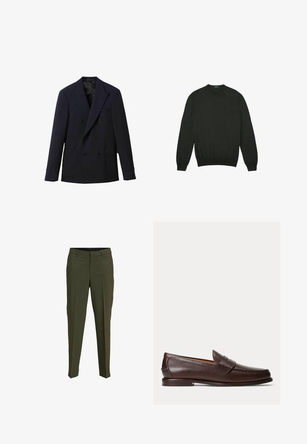 Marineblauwe dubbelgeknoopte blazer met inkeping revers, zes zwarte knopen, twee opgestikte voorzakken en lange mouwen.; Zwarte gebreide trui met een ronde halslijn en geribde manchetten en zoom. Lange mouwen met een soepele, zachte textuur. Geen zichtbare patronen of accenten.; Olijfgroene op maat gemaakte broeken met een gladde textuur, voorzien van voorplooien en een recht ontwerp. Inclusief riemlussen en zijzakken.; Donkerbruine leren penny loafer met stikseldetails en lage gestapelde hak, van opzij gezien op een effen achtergrond.
