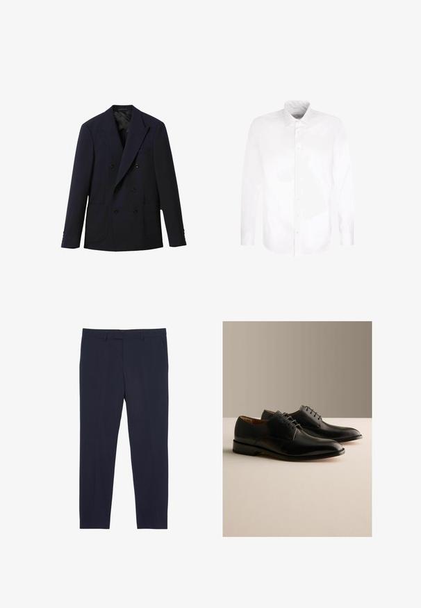 Marineblå dobbeltradet blazer med hakkeslag, seks sorte knapper, to forreste påsatte lommer og lange ærmer.; Hvid langærmet skjorte med knapper og spids krave, lagt fladt mod en hvid baggrund.; Marineblå skræddersyede bukser lavet af glat stof, med sidelommer, flad front og lige ben.; Par sorte læder formelle snøresko udstillet på en lys overflade med en ensfarvet beige baggrund.