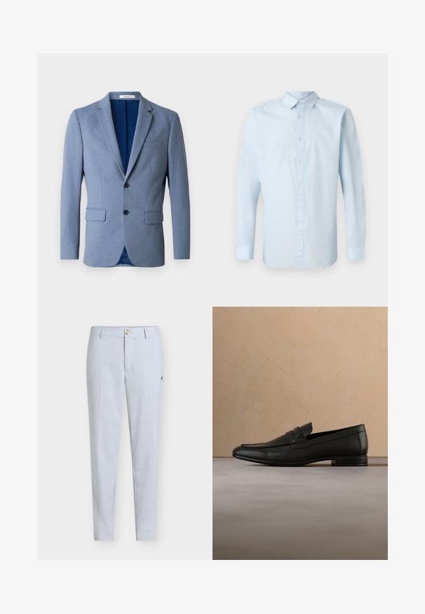 Blazer azul claro de hombre con dos botones, solapas con muesca, bolsillos con solapa y forro interior azul oscuro, exhibido sobre un fondo blanco.; Camisa de manga larga azul claro hecha de tela suave, con frente de botones, cuello estándar y puños abotonados.; Pantalones azul claro de tela texturizada, con pierna recta, cierre de botón y un pequeño diseño bordado en el lateral.; Zapato mocasín de cuero negro flotando sobre una alfombra beige con un sofá beige en un ambiente interior minimalista.