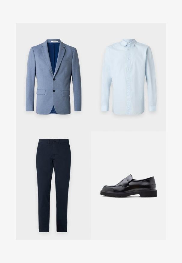 Blazer bleu clair pour hommes avec deux boutons, revers crantés, poches à rabat et doublure intérieure bleu foncé, présenté sur un fond blanc.; Chemise à manches longues bleu clair en tissu lisse, avec un devant à boutons, un col standard et des poignets à boutons.; Pantalon noir slim fit pour homme avec fermeture avant par bouton et zip, passants de ceinture et poches latérales.; Chaussure noire en cuir à enfiler avec un design épuré, bout rond et semelle épaisse en caoutchouc texturé. Présente une sangle décorative à l'avant.