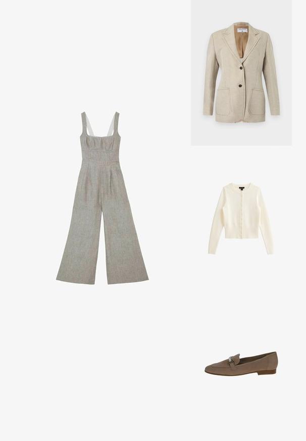 Blazer beige cintré avec deux boutons noirs, col à revers cranté et deux poches plaquées devant, présenté sur fond blanc.; Combinaison sans manches en lin beige avec jambes larges, encolure carrée, taille cintrée et détails discrets de coutures.; Cardigan côtelé crème en tissu doux, avec un col rond, des manches longues et une fermeture à boutons à l'avant avec de petits boutons.; Mocassins en suede beige à bout arrondi, avec un détail de boucle en argent décoratif sur le dessus et un petit talon empilé.