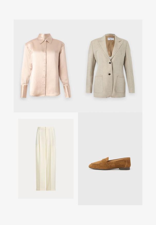Blazer beige cintré avec deux boutons noirs, col à revers cranté et deux poches plaquées devant, présenté sur fond blanc.; Blouse en satin beige doux avec un col classique, des manches longues, un devant boutonné et une coupe légèrement oversize. Texture lisse, détails minimalistes.; Pantalon sur mesure de couleur crème avec plis sur le devant, passants pour ceinture et ourlets retroussés, présenté sur un fond uni.; Mocassin en daim marron à talon plat, doté d'une lanière décorative sur le cou-de-pied et d'une finition lisse et texturée.