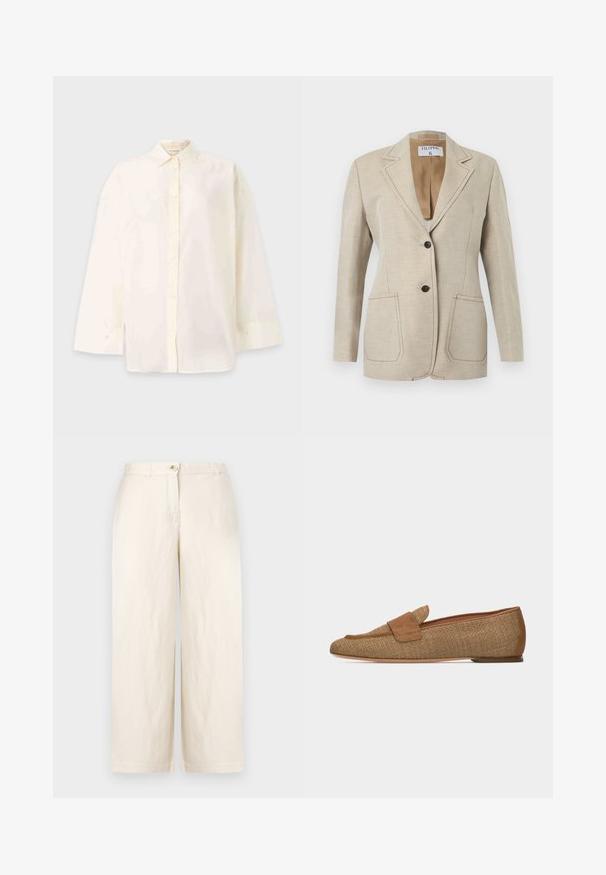 Blazer beige cintré avec deux boutons noirs, col à revers cranté et deux poches plaquées devant, présenté sur fond blanc.; Chemise blanche à manches longues avec boutons, col classique et poignets, présentée sur un fond clair uni.; Pantalons larges beiges en tissu léger, dotés d'une fermeture à bouton, de passants de ceinture et d'ourlets nets. Texture douce et design minimaliste.; Mocassin tissé couleur fauve avec sangle et bordure en daim, semelle plate, présenté de profil sur fond blanc.