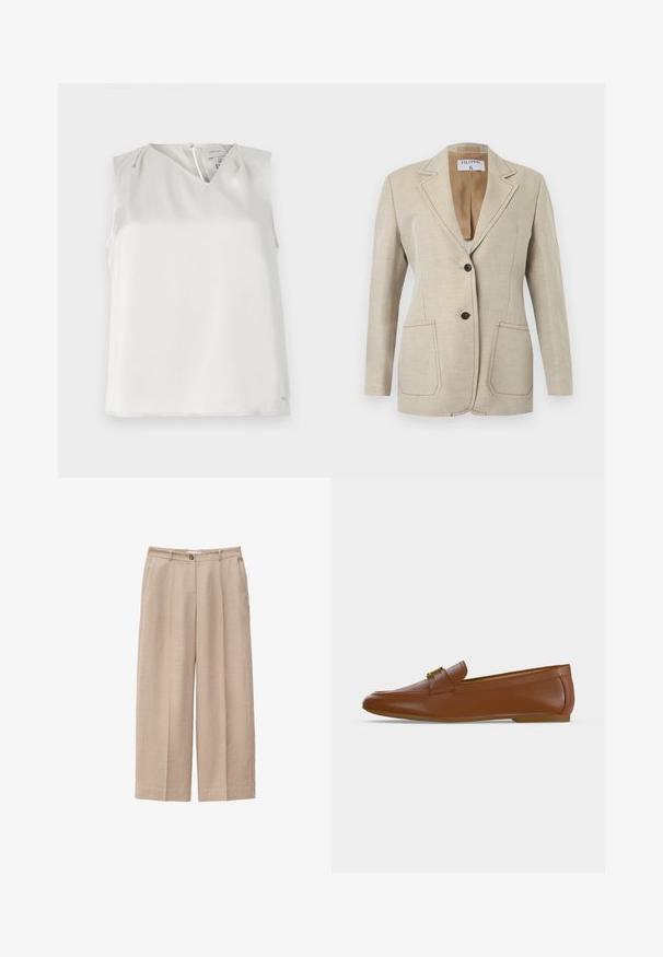 Blazer beige cintré avec deux boutons noirs, col à revers cranté et deux poches plaquées devant, présenté sur fond blanc.; Blouse blanche sans manches avec col en V, plis subtils aux épaules et fermeture éclair au dos, présentée sur un fond uni.; Pantalon beige à jambes larges avec fermeture avant par bouton et zip, passants pour ceinture et poches latérales, fabriqué en tissu texturé.; Mocassin en cuir marron avec une boucle dorée et un petit talon plat, vu de profil sur un fond clair uni.