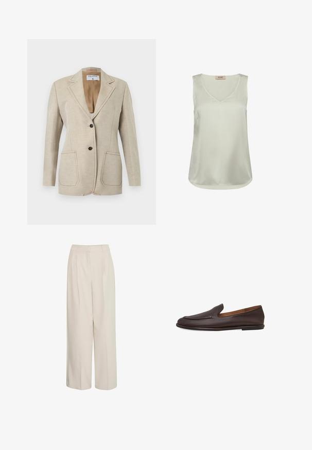 Blazer beige a medida con dos botones negros, cuello con solapa de muesca y dos bolsillos delanteros tipo parche, mostrado sobre un fondo blanco.; Blusa sin mangas de satén color beige claro con escote en V y dobladillo redondeado, con una pequeña etiqueta en la parte posterior del cuello interior.; Pantalones de pierna ancha de cintura alta en crema, con pliegues, fabricados en tejido suave, que presentan un diseño limpio y un ajuste a medida.; Mocasín de cuero marrón oscuro sin cordones con tacón bajo y punta redondeada y lisa, mostrado sobre un fondo blanco.