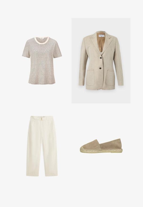 Beige op maat gemaakte blazer met twee zwarte knopen, een notched reverskraag en twee voorzakken, afgebeeld tegen een witte achtergrond.; Gestreept T-shirt in crème met dunne zwarte horizontale lijnen. Korte mouwen, ronde halslijn, zachte textuur, relaxte pasvorm.; Crèmegekleurde wijde broekspijpen met riemlussen en een bijpassende stoffen riem met een gouden ovale gesp.; Beige suède instapper espadrille met een jute-wikkelde zool, met een platte silhoutte en zonder verdere versieringen.