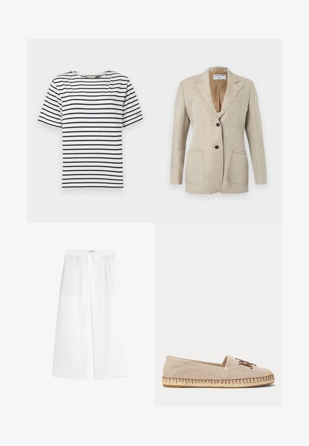 Beige skræddersyet blazer med to sorte knapper, hakket reverskrave og to forlommer, vist mod en hvid baggrund.; Hvid t-shirt med vandrette navy striber, rund halsudskæring, korte ærmer og en lille logo detalje på venstre ærme. Materialet er bomuld.; Hvide bukser med brede ben, elastisk talje og bundet snøre, lavet af letvægtsstof.; Beige vævet flad espadrillosko med flettet juttesål og læder snøredetalje på toppen, vist fra siden på hvid baggrund.
