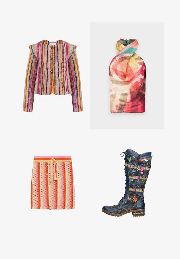 Multifarvet stribet jakke med rund halsudskæring, tre knaplukninger og strukturerede skuldre. Fremstillet af tekstureret vævet stof.; Paolina Russo WRAPPED HALTER - Top - acid brown; Strikskørt med stribede mønstre i orange, pink, creme og gul, med snoreliv og dekorative kvaster.; Støvler til knæene med et mørkt blomsterprint på stoffet, blå læderdetaljer, en rund tå, snørebånd foran og en dekorativ rem.