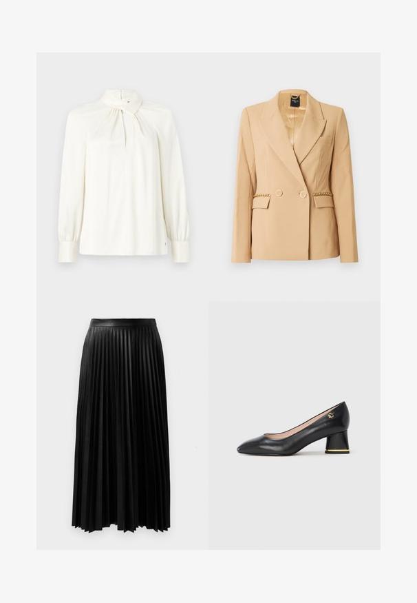 Blazer beige croisé avec des boutons dorés, des revers crantés et des poches latérales. Texture lisse avec un détail chaîne sur les rabats des poches.; Blouse à manches longues et col haut en crème, fabriquée en tissu lisse. Présente un détail froncé au niveau du col et des manches bouffantes.; Jupe plissée noire en tissu texturé, dotée d'une taille ajustée et de longs plis fluides atteignant la mi-mollet.; Escarpin en cuir noir avec un bout pointu, un talon bloc arrondi orné d'accent doré et une texture lisse. Intérieur doublé. Design simple.
