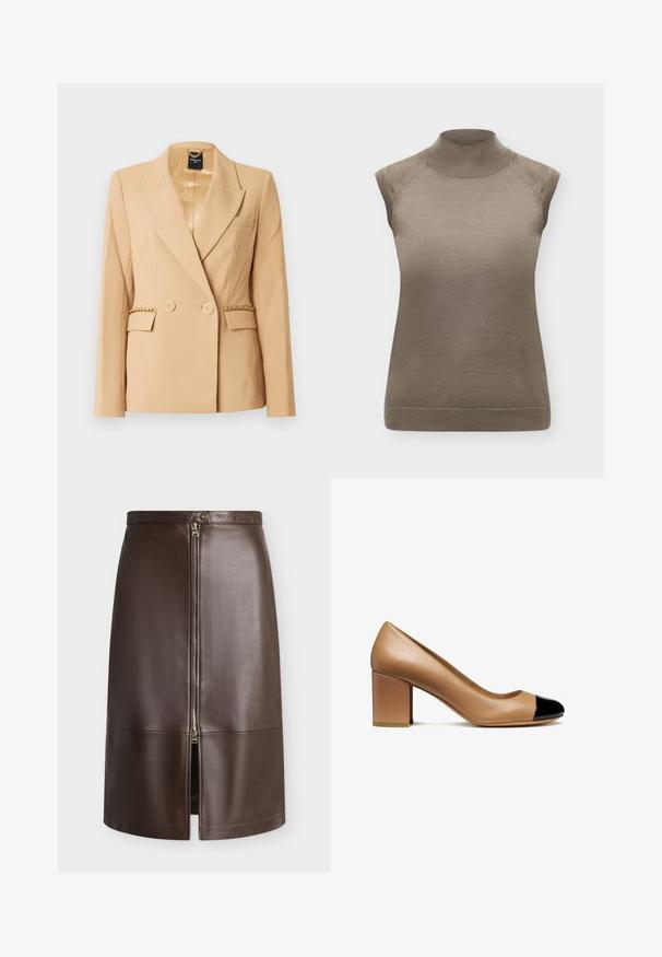 Blazer beige de doble botonadura con herrajes en tono dorado, solapas con muescas y bolsillos laterales. Textura suave con detalle de cadena en las solapas de los bolsillos.; Top de punto sin mangas en tono topo con cuello alto falso y bordes acanalados en las mangas y el dobladillo, mostrado sobre un fondo liso.; Falda marrón de cuero hasta la rodilla con cremallera plateada frontal y cierre de botón en la cintura, con una pequeña abertura frontal.; Zapato de tacón de cuero beige con punta redondeada y una capa de charol negro, que cuenta con un tacón cuadrado y una textura suave.