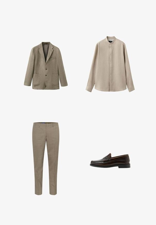 Enkelsluitende herenblazer met een bruin-beige ruitmotief, twee knopen, revers met inkeping en opgestikte zakken.; Beige overhemd met lange mouwen, een opstaande kraag en een knoopsluiting aan de voorkant, weergegeven op een witte achtergrond.; Beige op maat gemaakte broeken met een subtiel ruitpatroon, rechte pijpen, voorzakken en een gladde stofstructuur.; Donkerbruine leren penny loafer met gestikte moc-toe, lage hak en gladde afwerking, zijaanzicht op witte achtergrond.