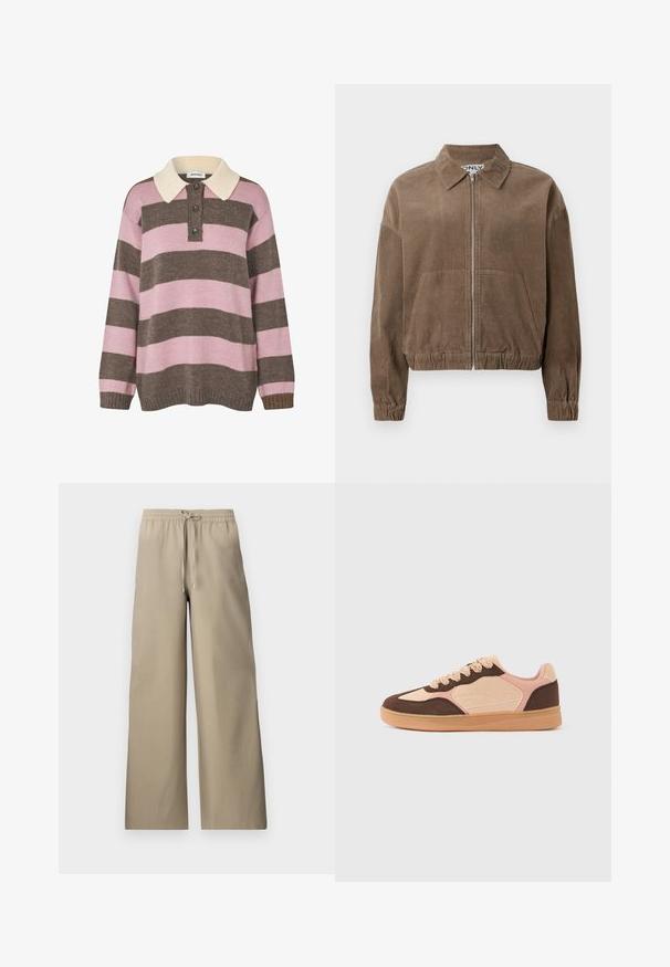 Brun kordfløjljakke med lynlås foran, krave og elastisk kant. Har to for- og ribbede manchetter, hvilket giver en afslappet pasform.; Strikket pullover i lyserøde og brune striber med en cremet krave, der har tre knapper ved halsen samt ribkant ved ærmerne og kanten.; Beige vidde bukser med elastisk talje og snor, med en glat stofoverflade og sidelommer.; Afslappet sneaker med lysebeige, bløde lyserøde og mørkebrune ruskindspaneler, snørelukning og gummisål mod ensfarvet baggrund.