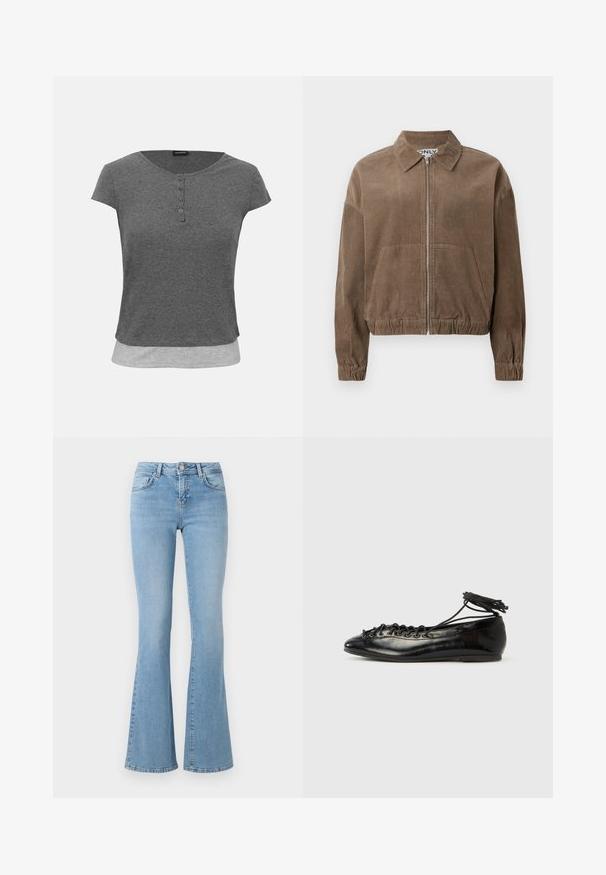 Veste en velours côtelé brun avec fermeture éclair à l'avant, col et ourlet élastiqué. Elle dispose de deux poches avant et de poignets côtelés, offrant une coupe décontractée.; Haut en maille côtelée manches courtes gris foncé avec encolure ronde, patte à quatre boutons et détail d’ourlet superposé gris clair.; Jean évasé bleu clair à taille haute, fabriqué en denim. Comprend cinq poches et un fermoir à bouton. Texture lisse avec un léger délavage.; Ballerines en cuir verni noir avec un bout rond, un design à lacets et une semelle plate. Texture lisse avec peu de détails.