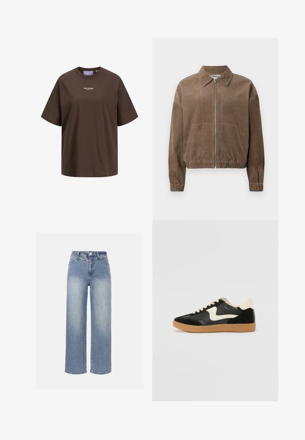 Brun kordfløjljakke med lynlås foran, krave og elastisk kant. Har to for- og ribbede manchetter, hvilket giver en afslappet pasform.; Brun T-shirt med korte ærmer og rund hals med hvidt "JJXX STUDIO"-logo placeret midt på brystet.; Lyseblå, højtaljede jeans med vide ben, falmet vask, frontknap, lynlås og klassisk fem-lommer design.; Sorte ruskinds- og lædersneakers med en cremefarvet side-swoosh og lys cremefarvet hæl. Har beige snørebånd og en gummirubber-sål.