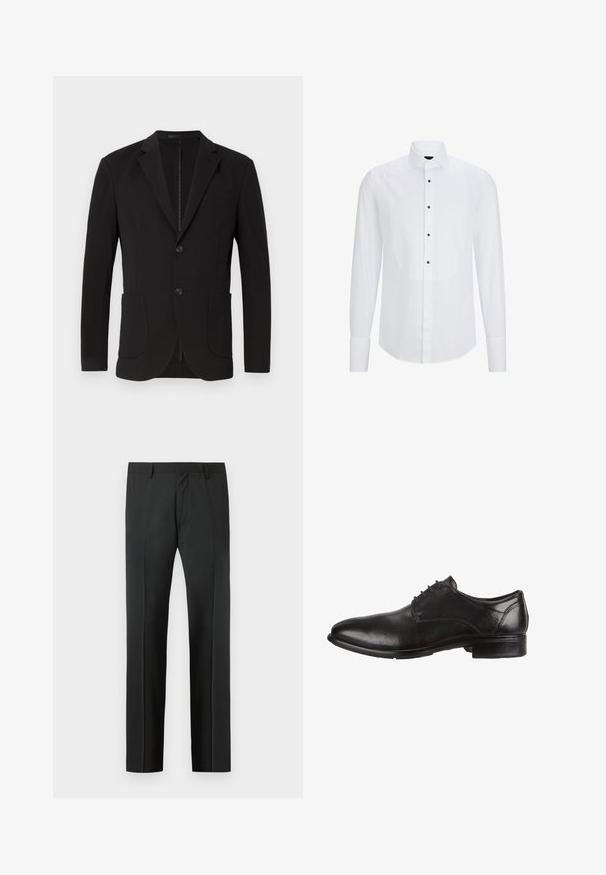 Sort blazer med en skræddersyet pasform, klaposhuller, to forlommer, en brystlomme og en knaplukning. Glat stof med mat finish.; Hvid langærmet skjorte med et buet frontpanel, sorte knapper ned langs midten og en klassisk krave. Glat stofstruktur.; Sorte skræddersyede bukser med bæltestropper og en forreste presning, vist mod en lys grå baggrund.; Sorte lædersko med glat overflade, rund tå, snørebåndsdesign og lav stablet hæl. Der er subtile syninger, der kan ses.