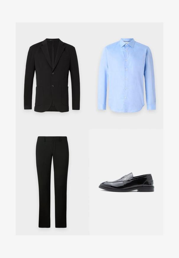 Blazer negro con un corte a medida, solapas de muesca, dos bolsillos frontales, un bolsillo en el pecho y cierre de botón. Tejido suave con un acabado mate.; Camisa de botón de mangas largas color azul claro, hecha de tela tejida. Presenta un cuello clásico y seis botones frontales. Textura suave y diseño ajustado.; Pantalones negros con un corte a medida, que presentan una textura suave y un diseño de pierna recta. La cintura tiene pasadores para cinturón y un acabado limpio.; Mocasines de charol negro con acabado liso, punta redondeada y detalle decorativo de correa, con perfil bajo y suela de goma.