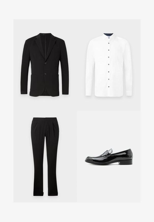 Sort blazer med en skræddersyet pasform, klaposhuller, to forlommer, en brystlomme og en knaplukning. Glat stof med mat finish.; Hvid langærmet skjorte med standard krave. Udstyret med marineblå knapper og en kontrastfarvet indre krave. Glat bomuldsstof.; Sorte bukser lavet af glat stof med elastisk talje, lige ben, frontfolder og opretstående sømme. Enkel og alsidig design.; Sort herre loafer i laklæder med lav hæl, rundet tå og remdetalje over vristen på hvid baggrund.