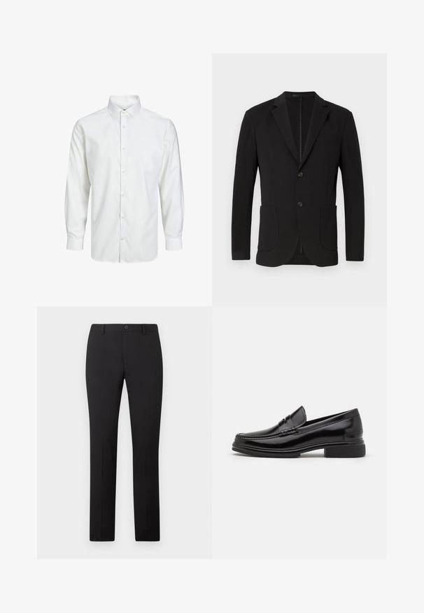 Sort blazer med en skræddersyet pasform, klaposhuller, to forlommer, en brystlomme og en knaplukning. Glat stof med mat finish.; Hvid skjorte med lange ærmer, knaplukning, spids krave og knapper ved manchetterne, vist på en ensfarvet hvid baggrund.; Sorte skræddersyede bukser med lige ben, som har knaplukning og bæltestropper. Fremstillet i glat stof uden synlige mønstre.; Sorte læder loafers med en rund tå, der har en syet detalje over vristen og en lav blokhæl. Glat tekstur og blank finish.