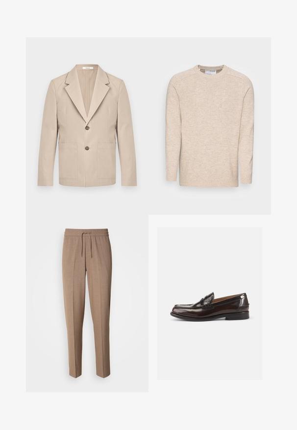 Beige blazer made of cotton, featuring a notched lapel, two front pockets, and a single button closure. Smooth, structured fabric.; Light beige knitted sweater with a crew neck, long sleeves, and ribbed cuffs; features a textured fabric and simple design.; Brown, woven fabric trousers with a relaxed fit, drawstring waist, and front pleats. Straight legs and no visible pockets or hardware.; Brown leather loafers with a shiny finish, a stitched design at the toe, and a low heel. Side embossed branding detail is present.