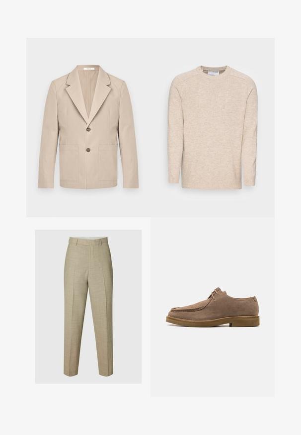 Beige blazer lavet af bomuld, med en nedskåret revers, to frontlommer og en enkelt knaplukning. Glat, struktureret stof.; Lys beige strikket sweater med rund hals, lange ærmer og ribbede manchetter; har en struktureret stofoverflade og et simpelt design.; Beige skræddersyede bukser med forreste pres, bæltestropper og lige ben, vist på en neutral baggrund.; Zign LEATHER - Sporty snøresko - taupe