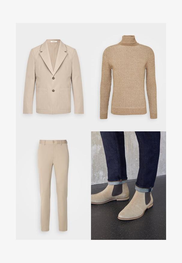 Blazer beige de algodón, con solapas en picos, dos bolsillos frontales y cierre de un solo botón. Tela suave y estructurada.; Suéter de cuello alto de canalé en color beige, con mangas largas, tejido texturizado, diseño ajustado y un cuello ligeramente suelto. Color simple y neutro.; Pantalones beige de tejido suave, con cierre de botón, corte recto y detalles de dobladillo cosidos. Diseño simple sin patrones.; Botas Chelsea de ante beige claro con paneles laterales elásticos oscuros, usadas con vaqueros oscuros remangados sobre un suelo negro moteado.